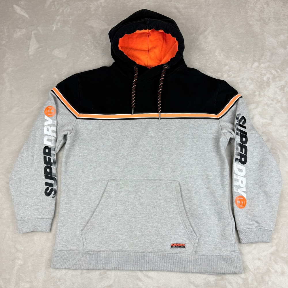 Superdry Heavyweight Hoodie Mens XXL Gray Black Graphic Sleeves Streetwear Y2K
